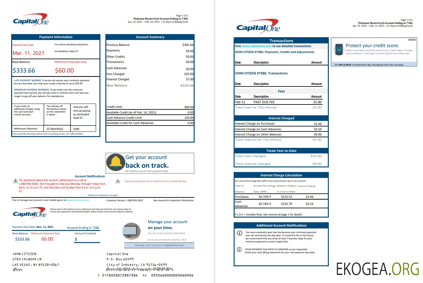Modèle de relevé bancaire USA Capital One au format Excel et PDF (2 pages) version 3